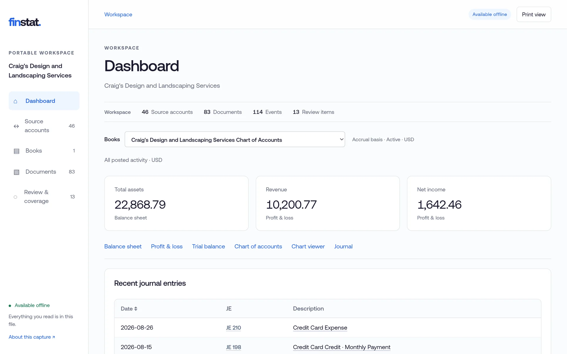 The viewer's dashboard: total assets, revenue and net income, links to each report, and recent journal entries.