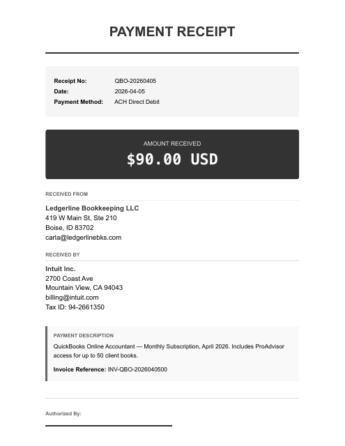 QuickBooks subscription receipt