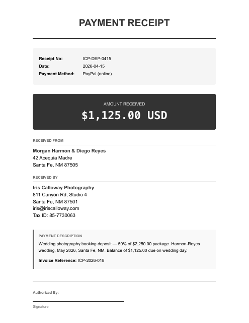 1,125.00 wedding deposit receipt