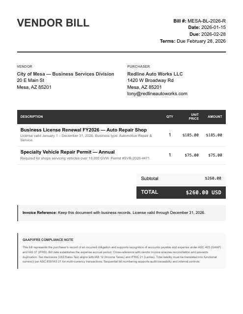 260.00 license — stale January bill