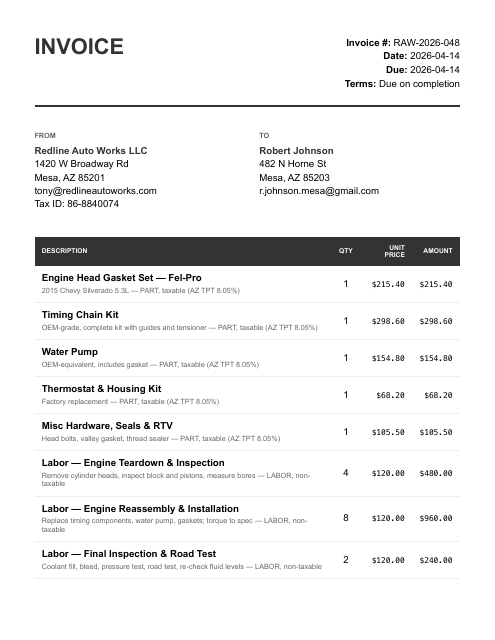 2,590.32 engine overhaul (parts + labor, TPT)