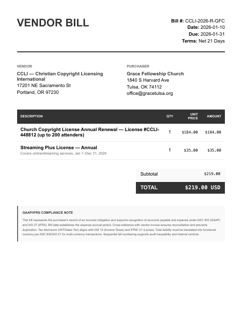 219.00 CCLI license — billed Jan, paid Apr