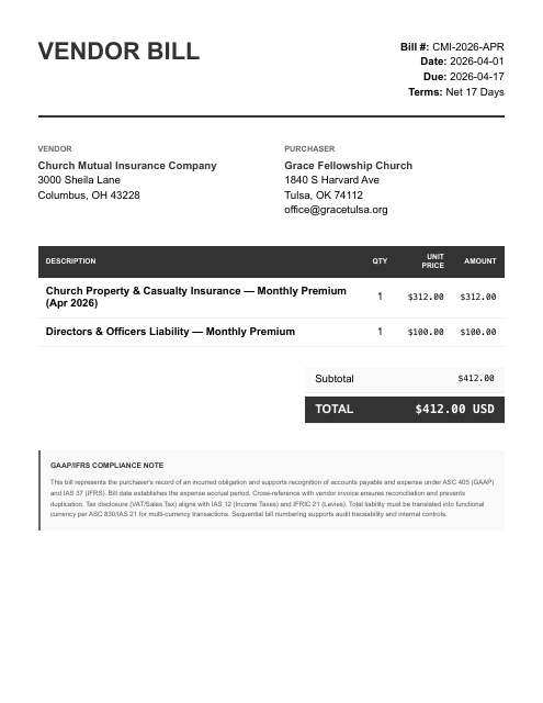 412.00 property + D&O insurance