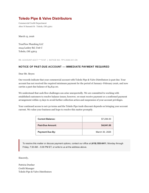Past-due collection notice — supply account