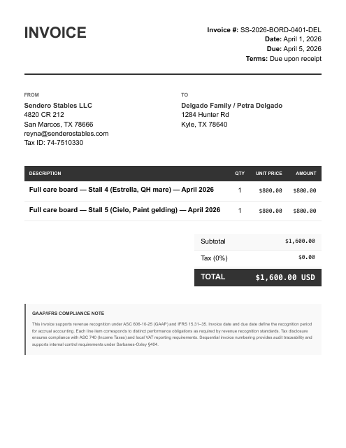 Boarding invoice — Delgado, 2 horses, $1,600