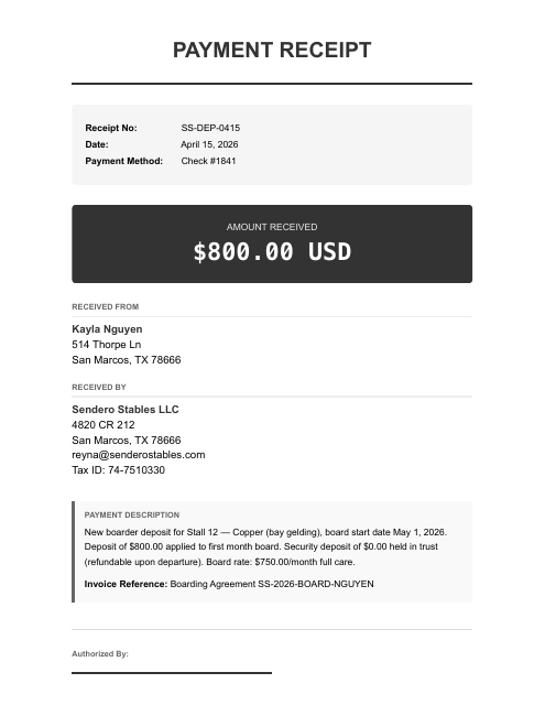 New boarder deposit — Nguyen, $800