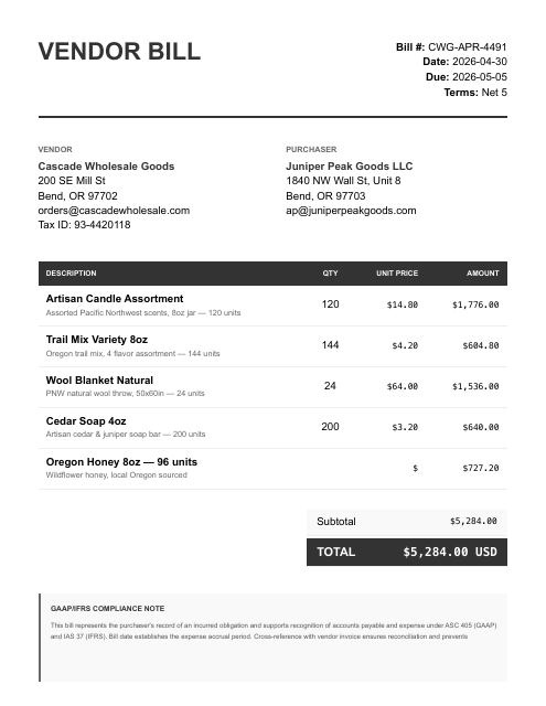 Inventory supplier bill — Cascade