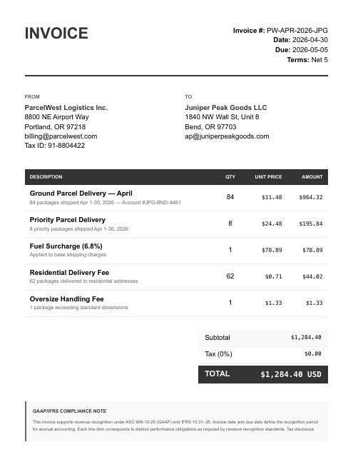 Monthly shipping invoice — ParcelWest