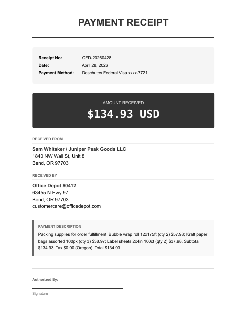 Packing supplies receipt