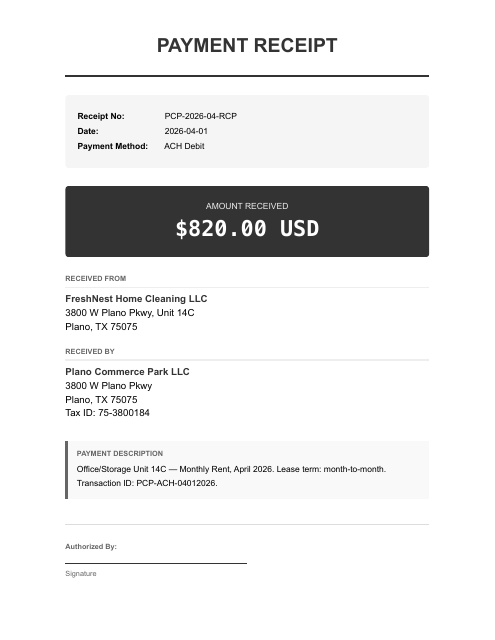 Office/storage rent receipt