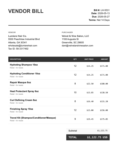 Retail product order (COGS)