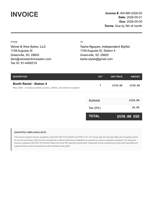 Booth rent invoice