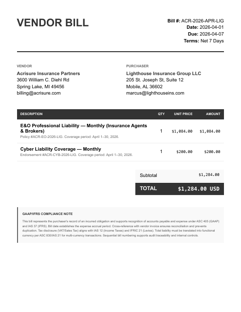 E&O + Cyber Liability bill