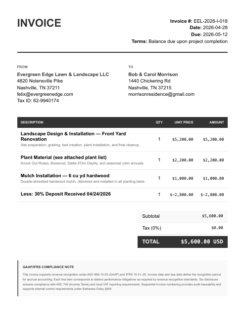 Install invoice — Morrison, 30/70 split