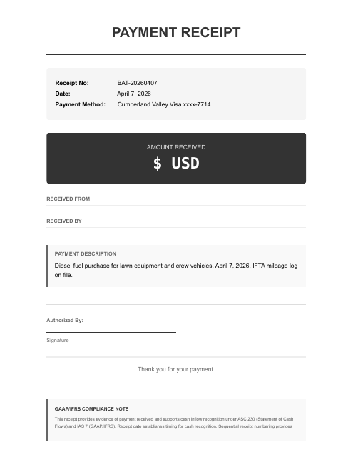 Diesel fuel receipt — 109.4 gal