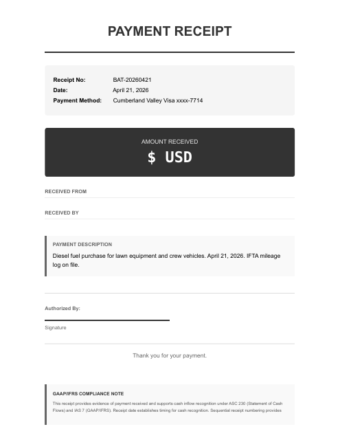 Diesel fuel receipt — 70.8 gal