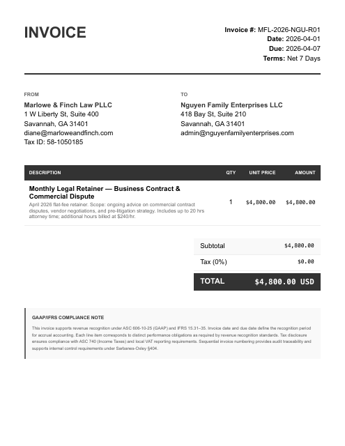 Monthly retainer — Nguyen, $4,800