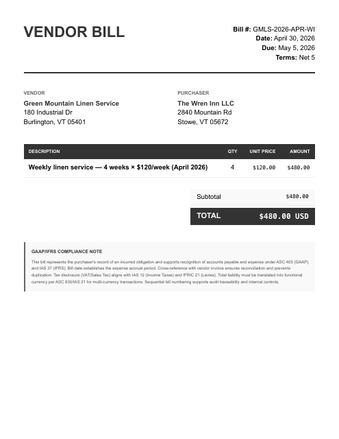 Weekly linen service bill