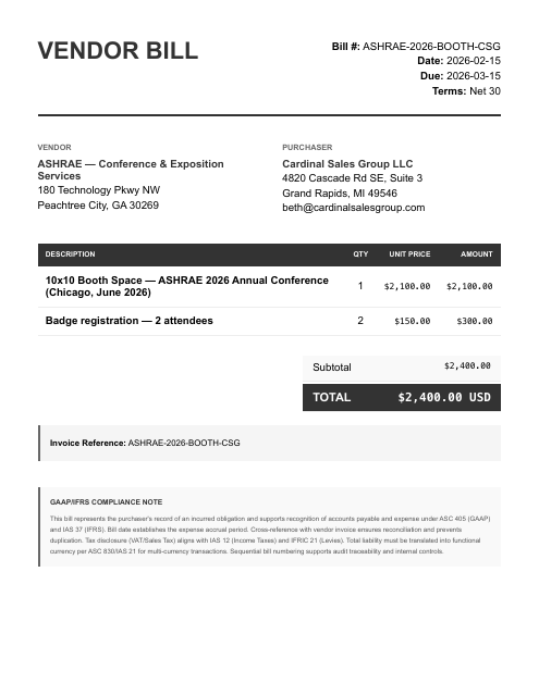 Trade show booth bill — paid 30 days late