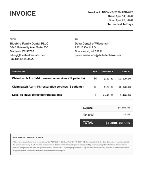 Delta Dental insurance claim batch invoice (AR)