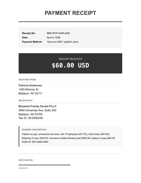 Patient co-pay receipt — preventive visit