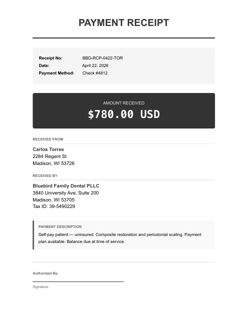 Self-pay patient receipt — restorative + perio