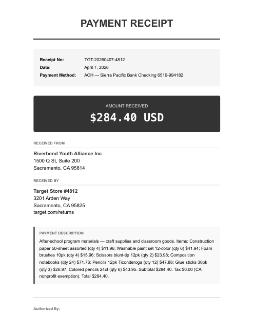 Program supply receipt — Target