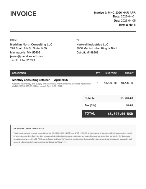 Hartwell retainer invoice — April