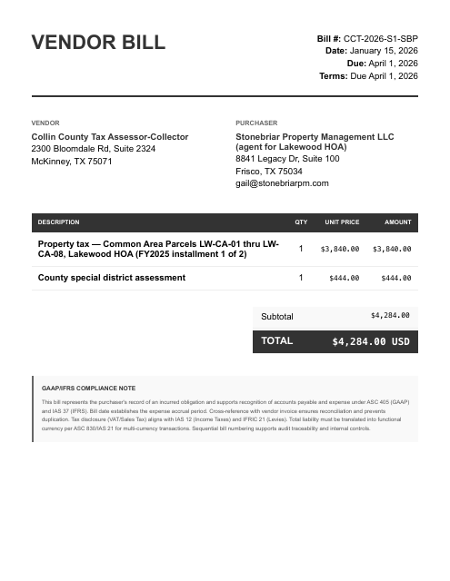 Collin County common-area property tax bill