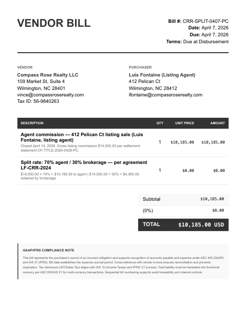 Agent split bill — Fontaine 70% ($10,185)