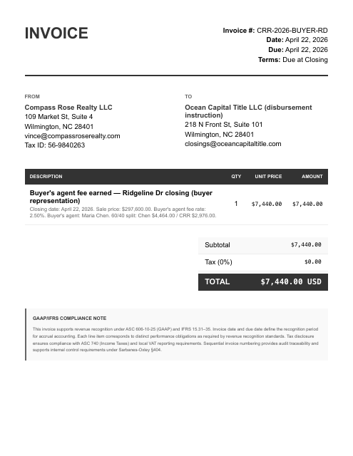 Buyer's fee invoice — Ridgeline (AR)