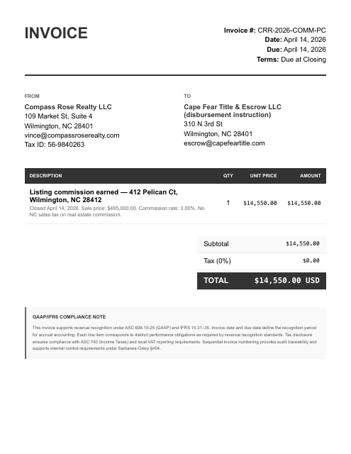 Listing commission invoice (AR)