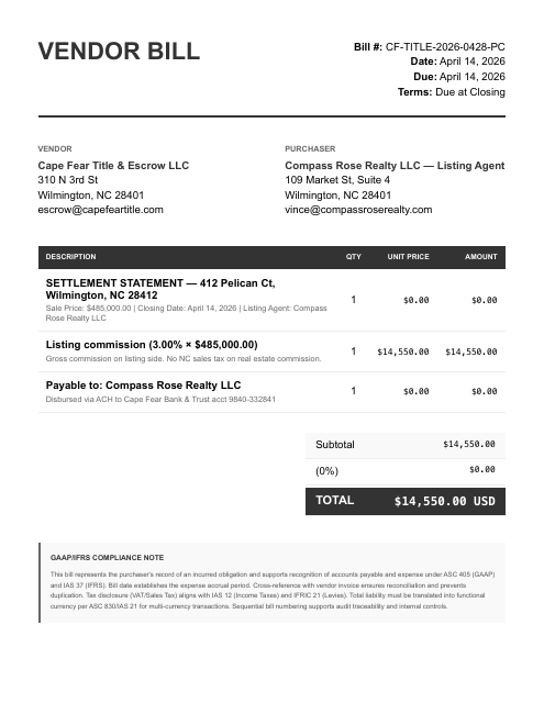 Title settlement statement — 412 Pelican Ct ($14,550)