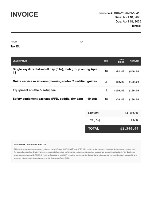 Group rental invoice — Paddlers Club (AR)