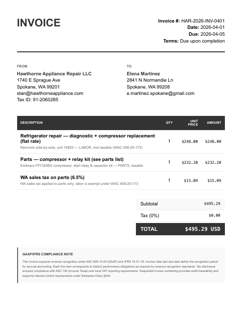 Invoice — refrigerator compressor, $495.29