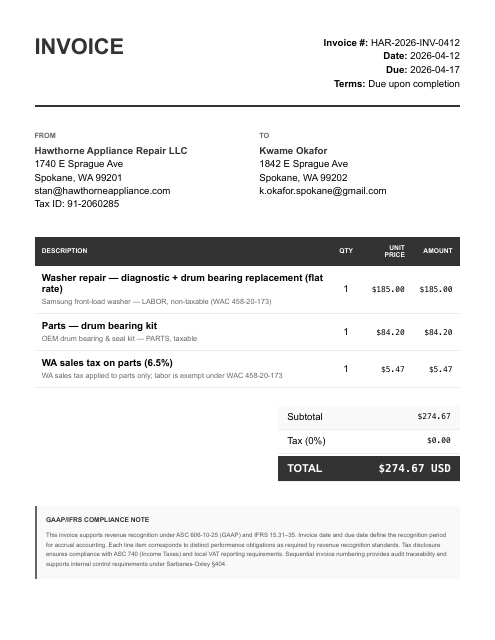 Invoice — washer drum bearing, $274.67