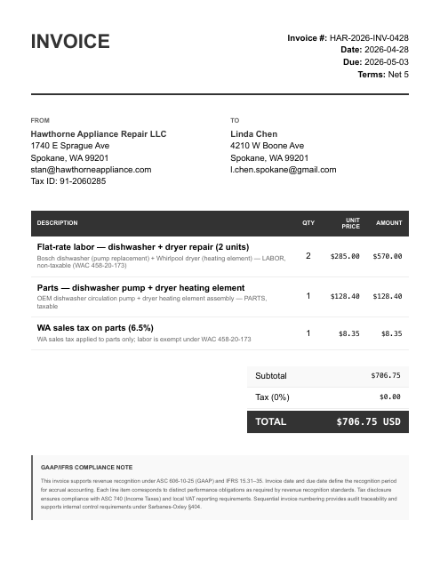 Flat-rate invoice — dishwasher + dryer, $706.75