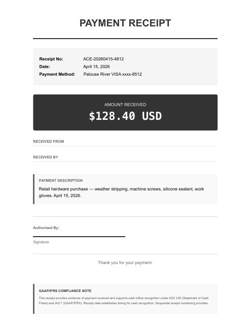 Ace Hardware — shop supplies, $128.40