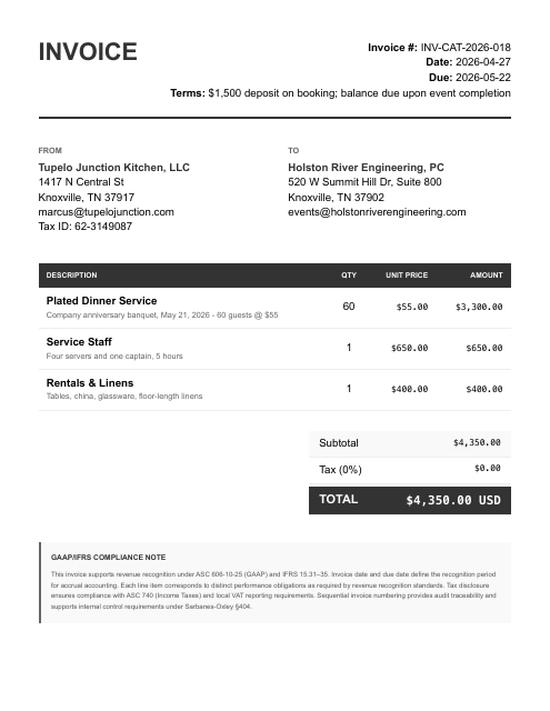 Catering invoice (deposit + balance)