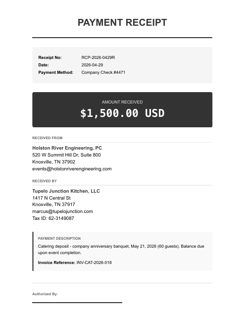 Catering deposit receipt