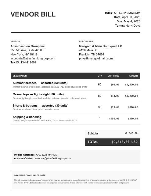 Wholesale apparel vendor bill — May