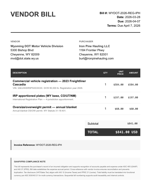 WY DOT registration / IRP plates, $841.00