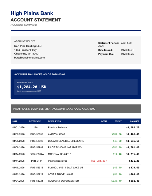 Visa — DEF & truck-stop, mixed charges