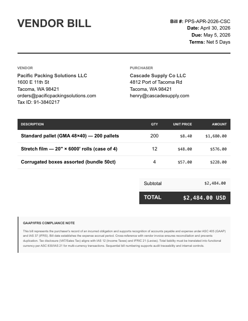 Packaging — pallets, film, boxes, $2,484