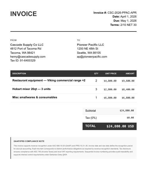 Pioneer Pacific invoice, $24,800 (2/10 NET 30)